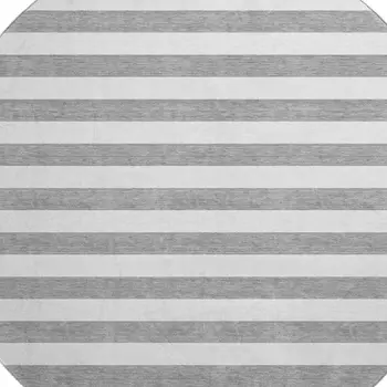 8' Gray And Ivory Striped Washable Round Rug With UV Protection