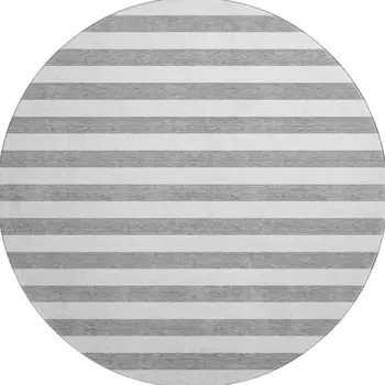 8' Gray And Ivory Striped Washable Round Rug With UV Protection