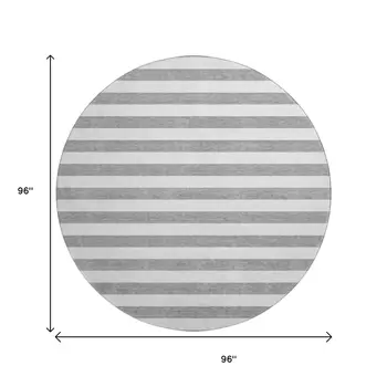 8' Gray And Ivory Striped Washable Round Rug With UV Protection