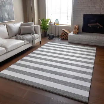 8' X 10' Gray And Ivory Striped Washable Area Rug With UV Protection