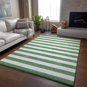 5' X 8' Green And Ivory Striped Washable Area Rug With UV Protection