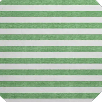 8' Green And Ivory Striped Washable Round Rug With UV Protection