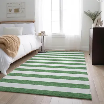 8' X 10' Green And Ivory Striped Washable Area Rug With UV Protection