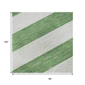8' X 10' Green And Ivory Striped Washable Area Rug With UV Protection