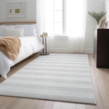 8' X 10' Ivory And Gray Striped Washable Area Rug With UV Protection