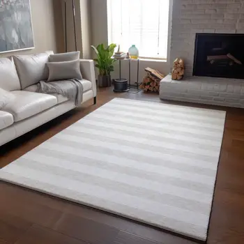 8' X 10' Ivory And Gray Striped Washable Area Rug With UV Protection