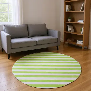 8' Lime Green And Ivory Striped Washable Round Rug With UV Protection