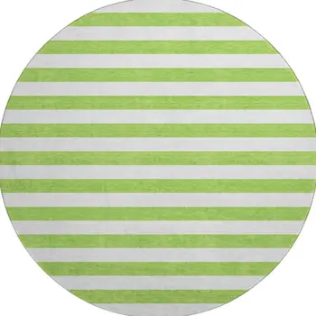 8' Lime Green And Ivory Striped Washable Round Rug With UV Protection