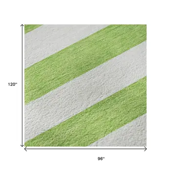 8' X 10' Lime Green And Ivory Striped Washable Area Rug With UV Protection