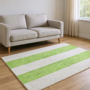 8' X 10' Lime Green And Ivory Striped Washable Area Rug With UV Protection