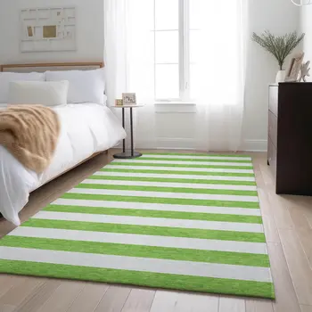 9' X 12' Lime Green And Ivory Striped Washable Area Rug With UV Protection