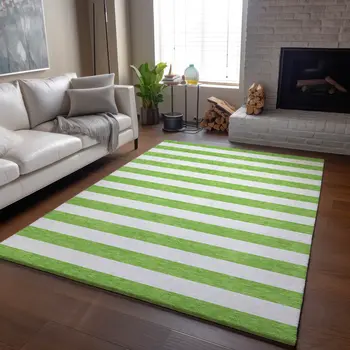 9' X 12' Lime Green And Ivory Striped Washable Area Rug With UV Protection