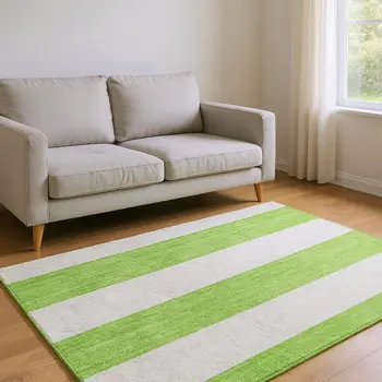 10' X 14' Lime Green And Ivory Striped Washable Area Rug With UV Protection