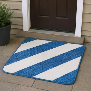 3' X 5' Navy Blue And Ivory Striped Washable Area Rug With UV Protection
