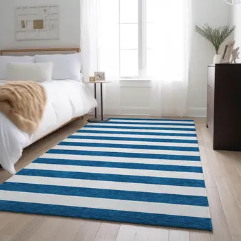 3' X 5' Navy Blue And Ivory Striped Washable Area Rug With UV Protection