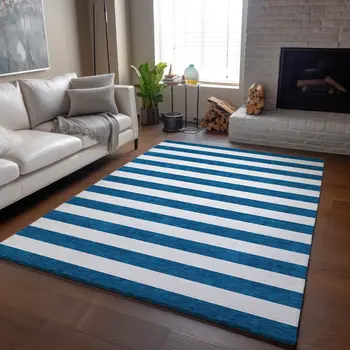 3' X 5' Navy Blue And Ivory Striped Washable Area Rug With UV Protection
