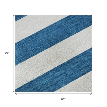 5' X 8' Navy Blue And Ivory Striped Washable Area Rug With UV Protection