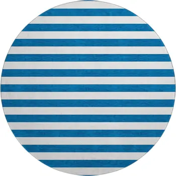 8' Navy Blue And Ivory Striped Washable Round Rug With UV Protection