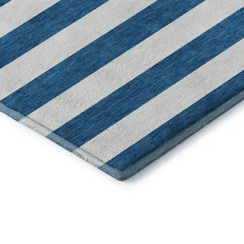 8' Navy Blue And Ivory Striped Washable Round Rug With UV Protection