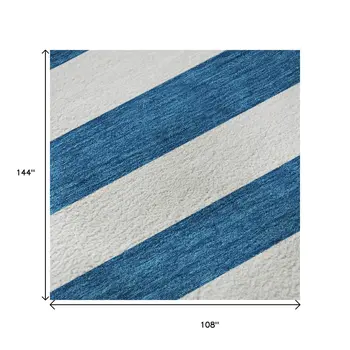 9' X 12' Navy Blue And Ivory Striped Washable Area Rug With UV Protection