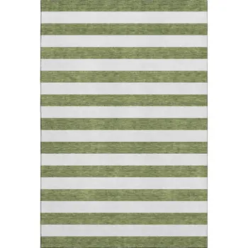 5' X 8' Olive Green And Ivory Striped Washable Area Rug With UV Protection