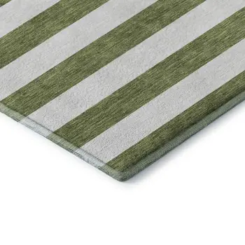 5' X 8' Olive Green And Ivory Striped Washable Area Rug With UV Protection