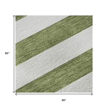 5' X 8' Olive Green And Ivory Striped Washable Area Rug With UV Protection