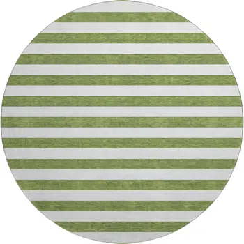 8' Olive Green And Ivory Striped Washable Round Rug With UV Protection