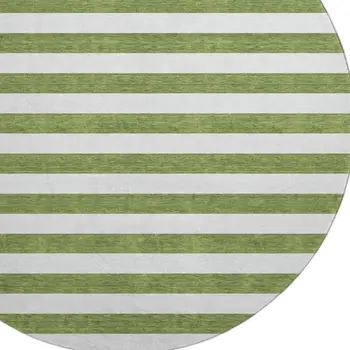 8' Olive Green And Ivory Striped Washable Round Rug With UV Protection