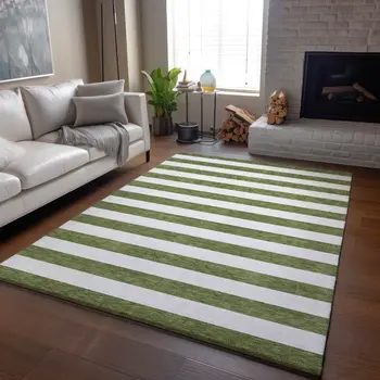 8' X 10' Olive Green And Ivory Striped Washable Area Rug With UV Protection