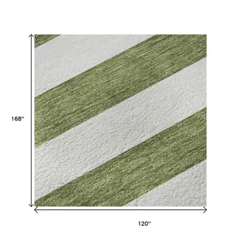 10' X 14' Olive Green And Ivory Striped Washable Area Rug With UV Protection