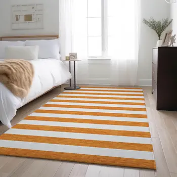 3' X 5' Orange And Ivory Striped Washable Area Rug With UV Protection