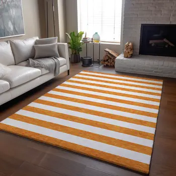 3' X 5' Orange And Ivory Striped Washable Area Rug With UV Protection