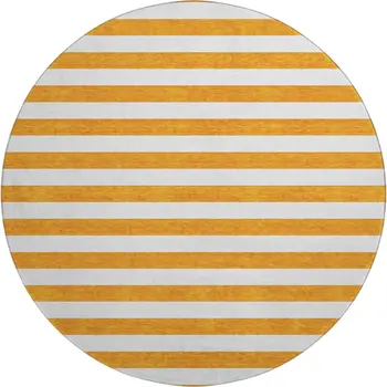 8' Orange And Ivory Striped Washable Round Rug With UV Protection