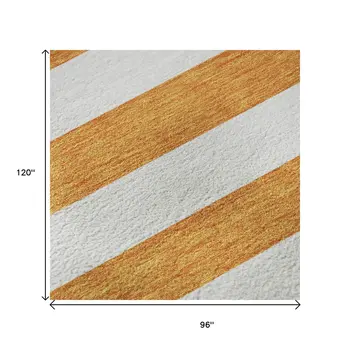 8' X 10' Orange And Ivory Striped Washable Area Rug With UV Protection