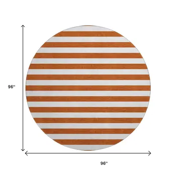 8' Rust And Ivory Striped Washable Round Rug With UV Protection