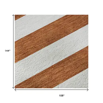 9' X 12' Rust And Ivory Striped Washable Area Rug With UV Protection