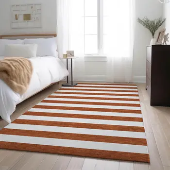 10' X 14' Rust And Ivory Striped Washable Area Rug With UV Protection