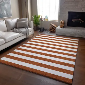10' X 14' Rust And Ivory Striped Washable Area Rug With UV Protection