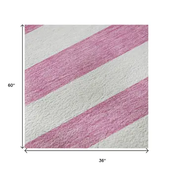 3' X 5' Pink And Ivory Striped Washable Area Rug With UV Protection