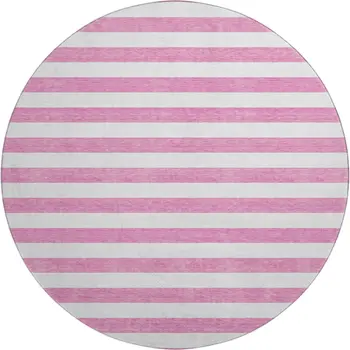 8' Pink And Ivory Striped Washable Round Rug With UV Protection