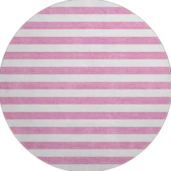 8' Pink And Ivory Striped Washable Round Rug With UV Protection