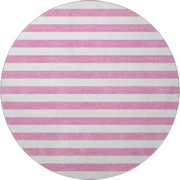 8' Pink And Ivory Striped Washable Round Rug With UV Protection