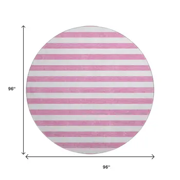 8' Pink And Ivory Striped Washable Round Rug With UV Protection