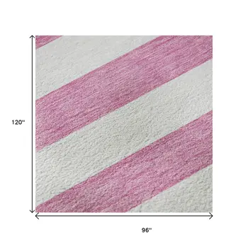 8' X 10' Pink And Ivory Striped Washable Area Rug With UV Protection