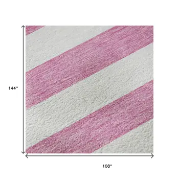 9' X 12' Pink And Ivory Striped Washable Area Rug With UV Protection