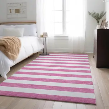 10' X 14' Pink And Ivory Striped Washable Area Rug With UV Protection