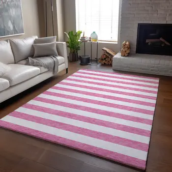 10' X 14' Pink And Ivory Striped Washable Area Rug With UV Protection