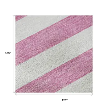10' X 14' Pink And Ivory Striped Washable Area Rug With UV Protection