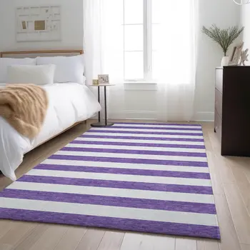 5' X 8' Purple And Ivory Striped Washable Area Rug With UV Protection
